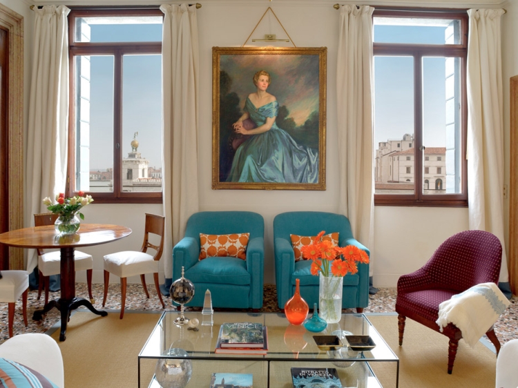 The living room of the Borsato apartment which look out onto the Grand Canal