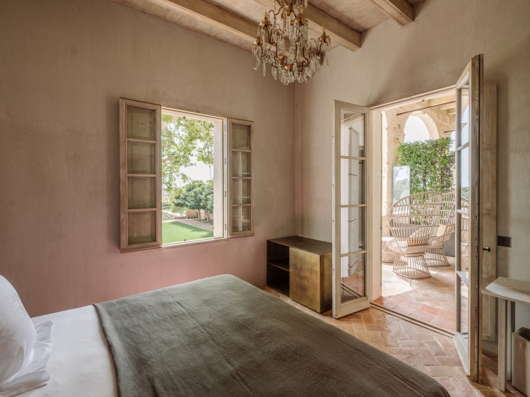 Suite with terrace. Exclusive and luxurious boutique hotel Vestige Son Vell in Menorca, Balearic Islands. Holidays in the Mediterranean Sea. 