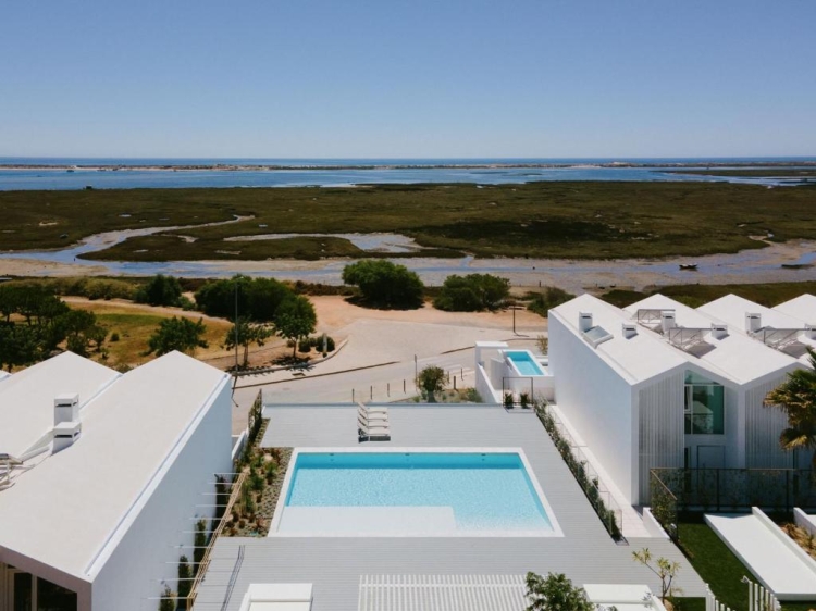 Exterior views of the Ria Formosa from Casas de Sal in Fuseta, Algarve, Portugal. Large luxury house. Family holiday. House with swimming pool.
