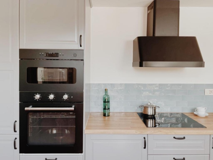 Kitchen, Oven, Stove, Range hood, Wooden countertop, Kale Kapi City in Xania