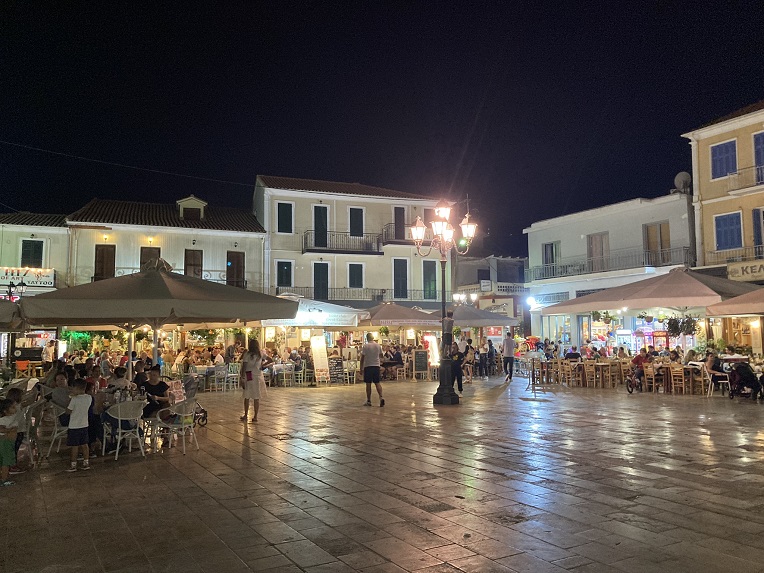 Main square of Lefkada town at night